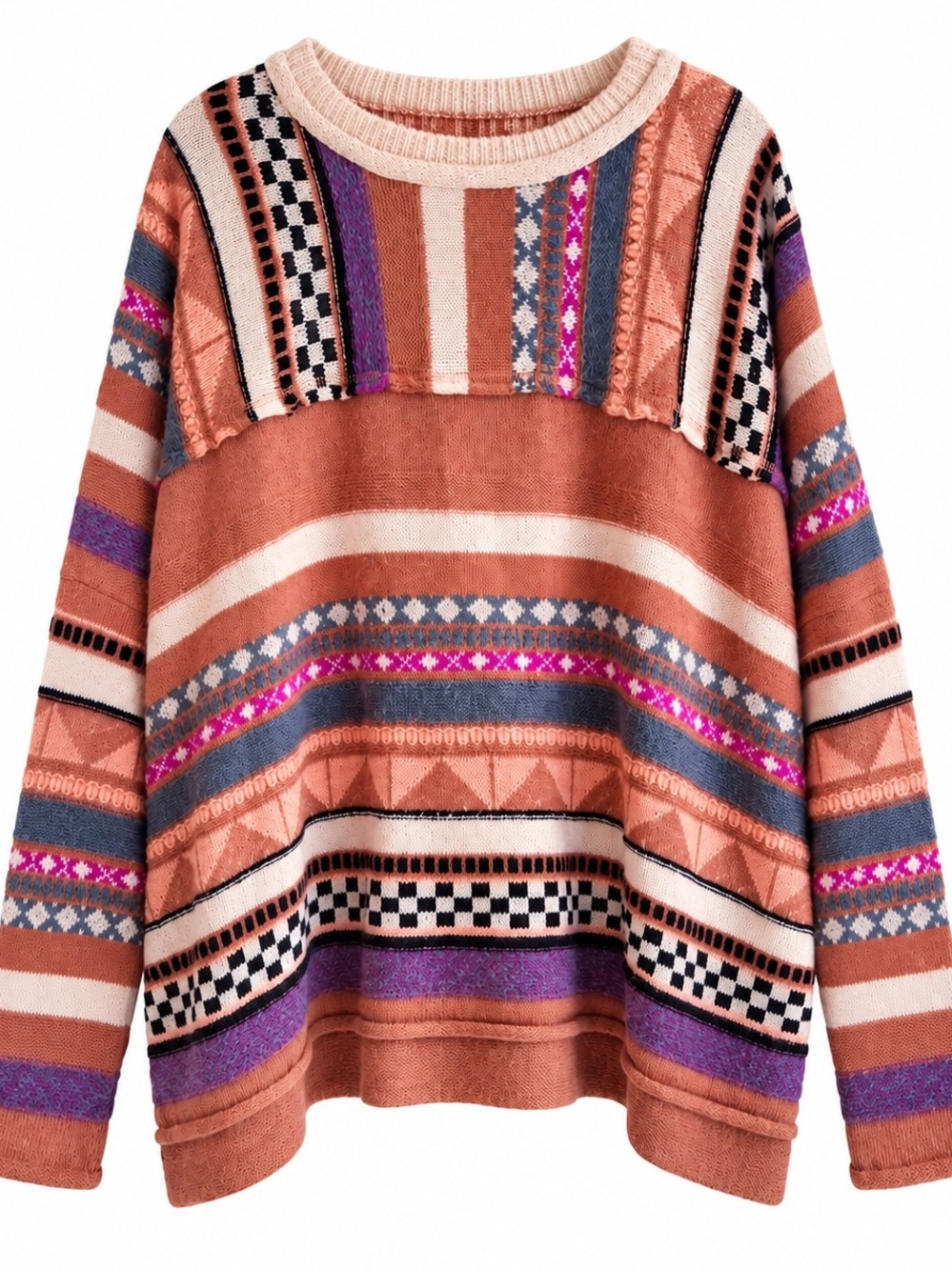 Easel Los Angeles 1X Boho Patchwork Geometric Oversized Knit Sweater
